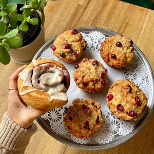 Freshly made muffins and a homemade cinnamon bun at Wild Chestnut Cafe in Florence