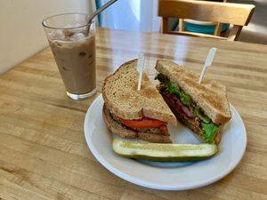 Vegan bacon cheeseburger + iced latte w/ soy  at Wild Chestnut Cafe in Florence