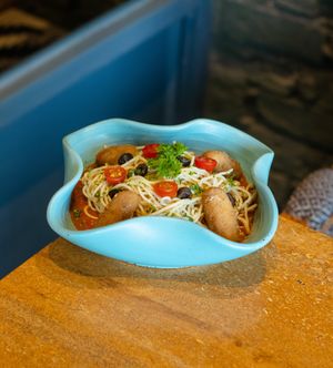 Spaghetti with Cheese Jalapeno Balls (served in Arrabbiata Sauce) at Quyu's Taproom in Jaipur