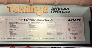 Menu, March 2025: Ancient Vegan Bowl is pre-selected Super Bowl; juices marked as vegan  at Teranga - Midtown in New York City