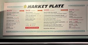 Menu, March 2025: items marked V for vegan, much of the menu is vegan  at Teranga - Midtown in New York City