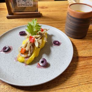 Potato, mushroom, and olive appetizer as part of the 15 sol lunch menu (includes juice)  at Salvajes in Cusco