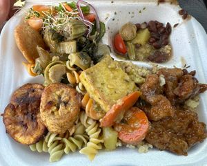 Another amazing plate!   Mock chicken with a little taste of the curry tofu.   Delicious!!  at Lisa's in St Croix