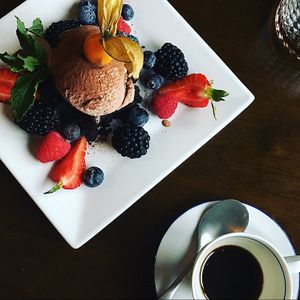 vegan peanut butter and chocolate brownie with dairy free chocolate ice cream at Cafe Roya in Beeston