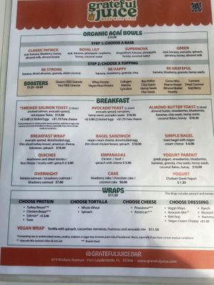 Menu (front page)  at Grateful Juice Bar in Fort Lauderdale