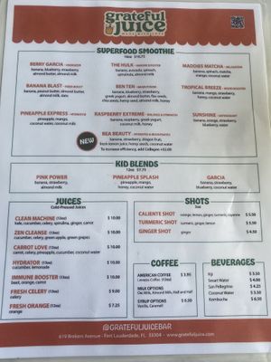 Menu (back page)  at Grateful Juice Bar in Fort Lauderdale