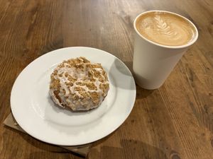 Toffee donut and oat milk latte  at The Wormhole Coffee in Chicago