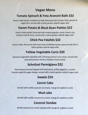 The Austral’s vegan menu  at Austral Hotel  in Korumburra