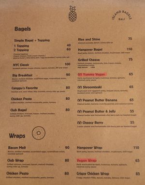 The Yummy Vegan is obviously vegan.  However, it's worth asking whether the other ones labelled (V) could also be Vegan, if they catch your eye at all. at Island Wok in Seminyak