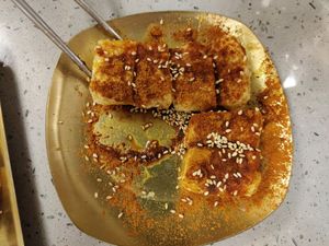 Fried rice cakes (you get 8 but we ate some) at Restaurante Coreano Gangnam in Sevilla