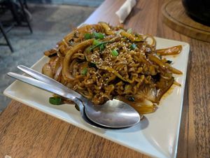 Spicy fried noodles at Restaurante Coreano Gangnam in Sevilla