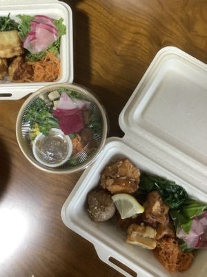 Bento boxes and a small salad  at Vegan-Deli Optimist! in Sakura