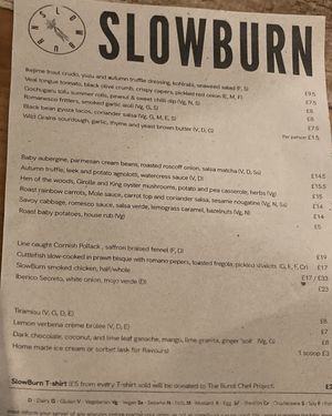 Menu  at SlowBurn in East London