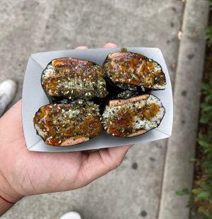 vegan spam musubi  at Hillcrest Farmer's Market in San Diego