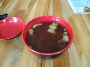 Miso soup at Koi Cocina Asiatica in Guatape