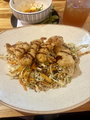 Vegan chow mein with tempura tofu   at Koi Cocina Asiatica in Guatape