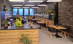 Interior of the bistro at Mamafood in Prague