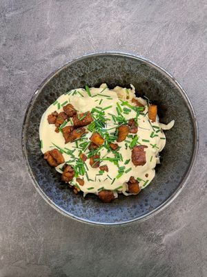 Vegan halušky s bryndzou at Mamafood in Prague