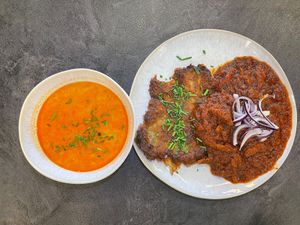 Soya gulash with potato pancake and cabbage soup at Mamafood in Prague