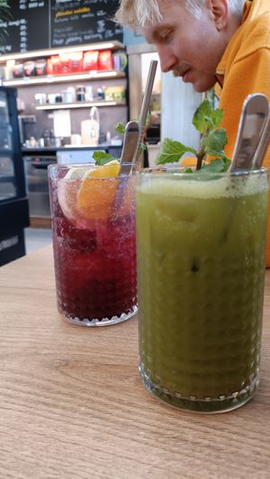 Cherry and matcha drinks, really good at Mamafood in Prague