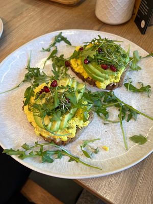 Avocado and scrambled tofu on toastt  at Mamafood in Prague