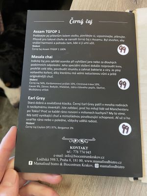 Loose tea menu  at Mamafood in Prague