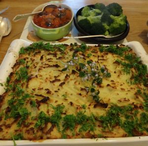 Mushroom and lentil pie with lemon thyme, sides of aubergine in tomatoes and steamed broccoli  at Vegan Lakeland Living in Cockermouth