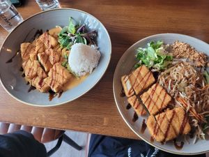 Links: No. 92 Dau Luc Bao Curry  ; Rechts: No. 42 Pho Xao Dau (Gebratene Reisband-Nudeln mit Seidentofu)  at Citana in Bochum