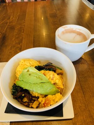Breakfast bowl with hot chocolate at Red Emma's Bookstore Coffeehouse in Baltimore