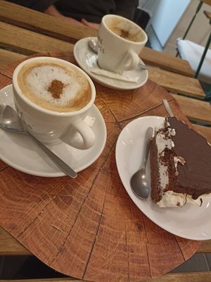 This cake was soooo good. Nice coffee too. at Veggie Sue's in Salamanca