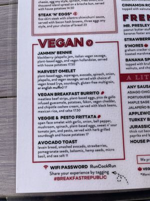 vegan menu (ask or look online to see if any of the specials are vegan… the last two seasons have had vegan pancakes)   at Breakfast Republic - Hillcrest in San Diego