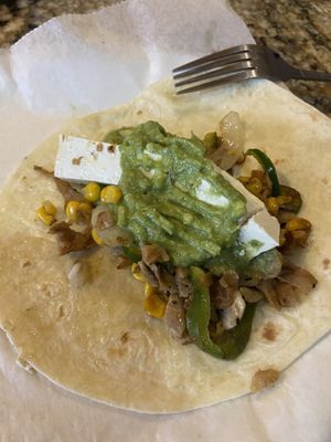 Vegan tacos (with vegan cheese - tofu) and extra guac  at Plaza Azteca in Williamsburg