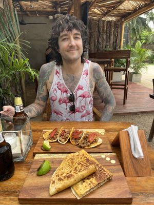 Four soy carnitas tacos and the vegan quesadilla!  at La Taqueria in Tulum