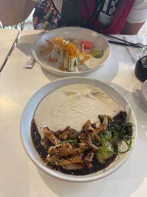 Vegan rolls and mashed cashews with bok choi and a mushroom type.  at Mudra Express in Buenos Aires
