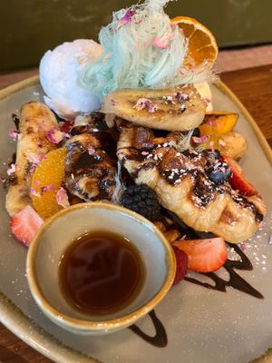 Croffle with chocolate sauce  at Pancha Cafe in Hamilton