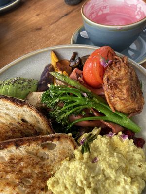 Big breakfast and beetroot latte on almond milk   at Pancha Cafe in Hamilton