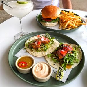 Chick’n tacos and classic burger at Dicki's in Ascot