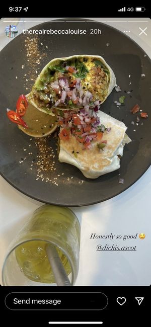 Breakfast burrito wrap, great fruit/veggie drinks  at Dicki's in Ascot