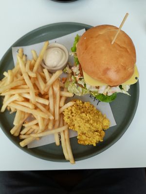 Chick'n katsu burger, fries, aioli, scanned tofu at Dicki's in Ascot