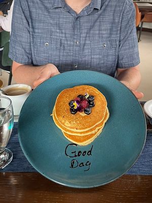 Vegan pancakes (by request) with soy milk provided for coffee (also by request)  at El Jardin in Monteverde