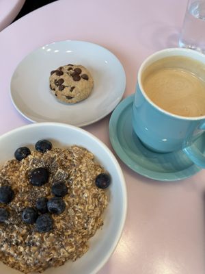 Overnight oats, gf cookie, and almond milk latte  at Sunny's in Bentonville
