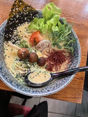 Vegan curry ramen with mock-chicken meatballs  at Kimidori Green Sushi in Warsaw