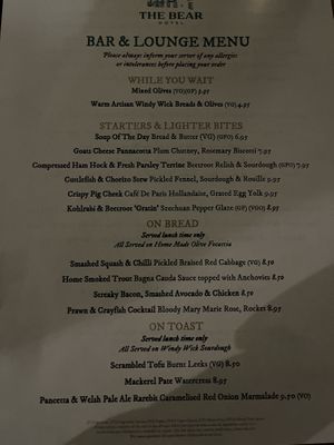 Bar and lounge menu  at The Bear Hotel in Cowbridge