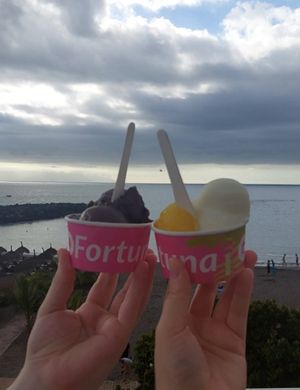 2 scoop dark chocolate (left) 1 scoops mango & 1 scoop lemon (right) at Gelato Fortuna in Tenerife