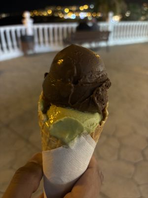 Chocolate and Pistachio waffle cone   at Gelato Fortuna in Tenerife