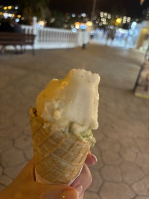 Banana sorbet and pistachio waffle cone    at Gelato Fortuna in Tenerife
