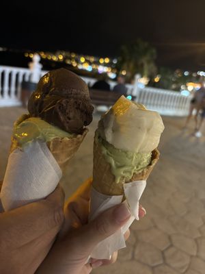 Chocolate and pistachio & Banana and pistachio waffle cones  at Gelato Fortuna in Tenerife