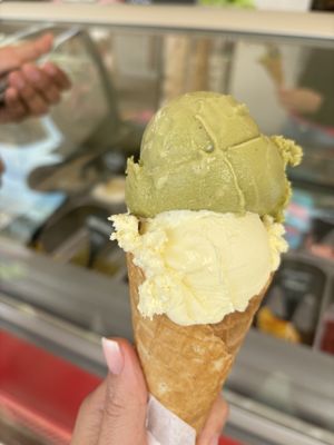 Vanilla no sugar and pistachio (Vanilla is extra creamy ice cream, lovely !)  at Gelato Fortuna in Tenerife