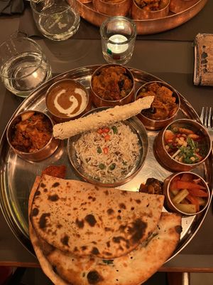 Vegan platter. Shame that 2 of the little bowls were repeated  at Chandigarh in Brussels