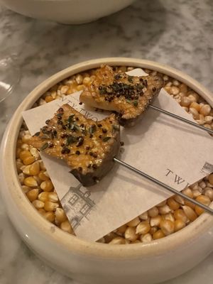 (Part of the “Toasted grains,sweetcorn, hen of the wood” dish)  at Restaurant 22 in Cambridge